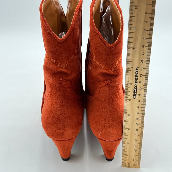 Brown Orange Square Toe Comfort Kitten Low Heel Ankle Boot Pull On Bootie Winter - Picture 4 of 6